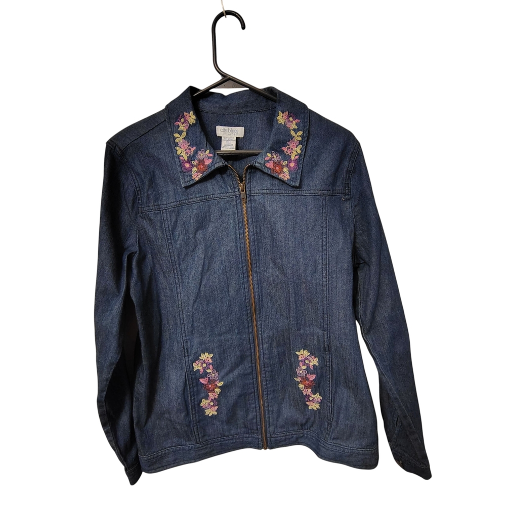 Vintage Koret Women's Size Medium Blue Denim Jacket with Floral Embroidery